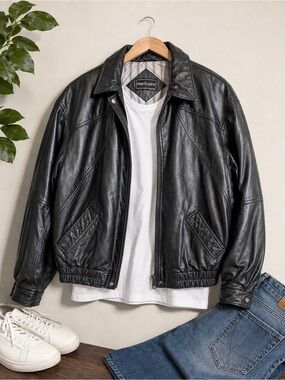 Peter England Black Leather Bomber Jacket with Zip Front